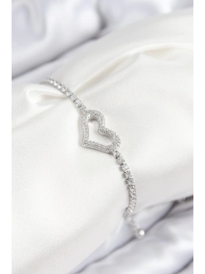 Pirinç Zirkon Taşlı Kalp Model Gümüş Renk Asansörlü Kadın Bileklik