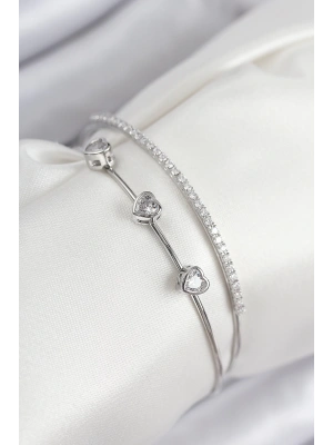 Pirinç Zirkon Taşlı Kalp Model Gümüş Renk Kadın Bileklik