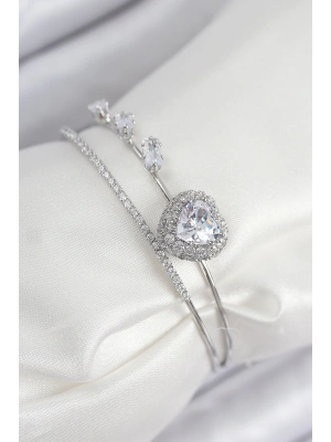 Pirinç Zirkon Taşlı Kalp Model Gümüş Renk Kadın Bileklik