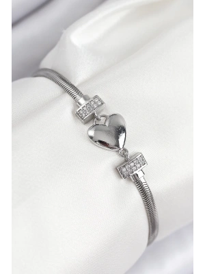 Pirinç Zirkon Taşlı Kalp Model Gümüş Renk Kadın Bileklik