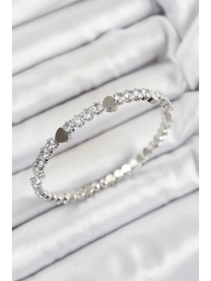 Pirinç Zirkon Taşlı Kalp Model Gümüş Renk Yaylı Kadın Bileklik