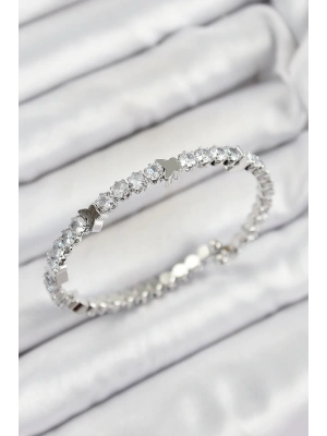 Pirinç Zirkon Taşlı Kalp Model Gümüş Renk Yaylı Kadın Bileklik