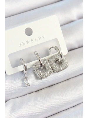 Pirinç Zirkon Taşlı Kare Model Gümüş Renk 3lü Çift Kadın Küpe Set