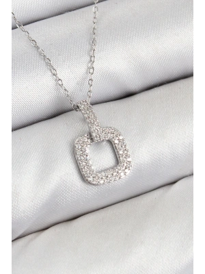 Pirinç Zirkon Taşlı Kare Model Gümüş Renk Kadın Kolye