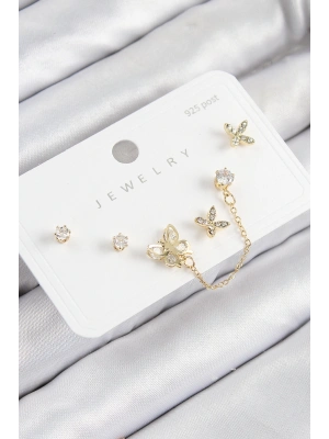 Pirinç Zirkon Taşlı Kelebek Model Gold Renk 925 Ayar Gümüş Çivi Kadın Küpe Set