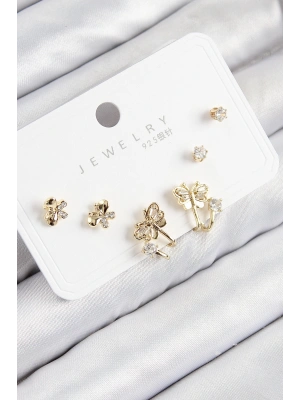 Pirinç Zirkon Taşlı Kelebek Model Gold Renk 925 Ayar Gümüş Çivi Kadın Küpe Set