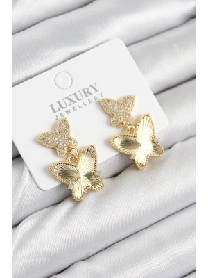 Pirinç Zirkon Taşlı Kelebek Model Gold Renk Kadın Küpe