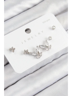 Pirinç Zirkon Taşlı Kelebek Model Gümüş Renk 925 Ayar Gümüş Çivi Kadın Küpe Set