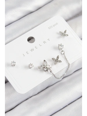 Pirinç Zirkon Taşlı Kelebek Model Gümüş Renk 925 Ayar Gümüş Çivi Kadın Küpe Set