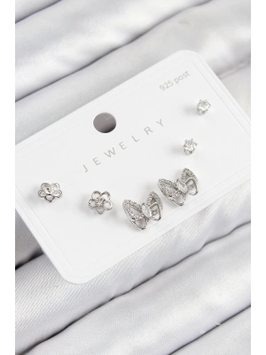 Pirinç Zirkon Taşlı Kelebek Model Gümüş Renk 925 Ayar Gümüş Çivi Kadın Küpe Set