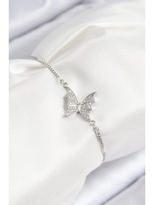 Pirinç Zirkon Taşlı Kelebek Model Gümüş Renk Asansörlü Kadın Bileklik