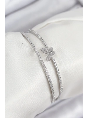 Pirinç Zirkon Taşlı Kelebek Model Gümüş Renk Kadın Bileklik