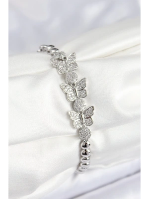 Pirinç Zirkon Taşlı Kelebek Model Gümüş Renk Kadın Bileklik