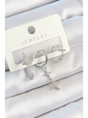 Pirinç Zirkon Taşlı Kelebek Ve Sallantılı Yıldız Model Gümüş Renk 3lü Çift Kadın Küpe Set