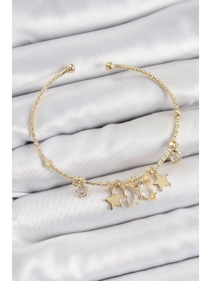 Pirinç Zirkon Taşlı Kelebek Ve Yıldız Model Gold Renk Charm Bileklik