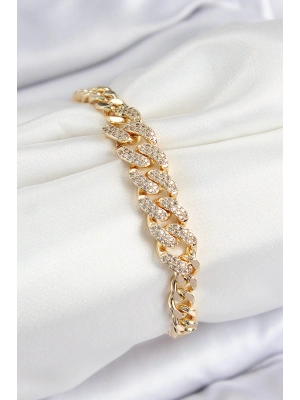 Pirinç Zirkon Taşlı Küba Zincir Model Gold Renk Kadın Bileklik
