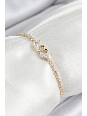 Pirinç Zirkon Taşlı Kuğu Model Gold Renk Asansörlü Kadın Bileklik