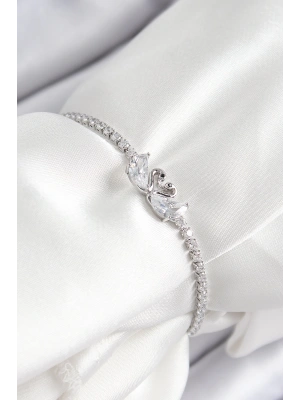 Pirinç Zirkon Taşlı Kuğu Model Gümüş Renk Asansörlü Kadın Bileklik