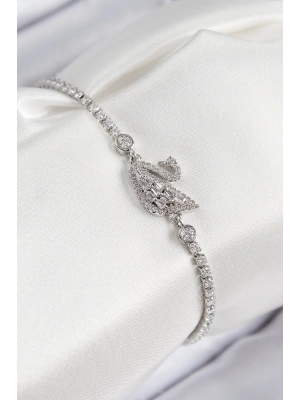 Pirinç Zirkon Taşlı Kuğu Model Gümüş Renk Kadın Bileklik