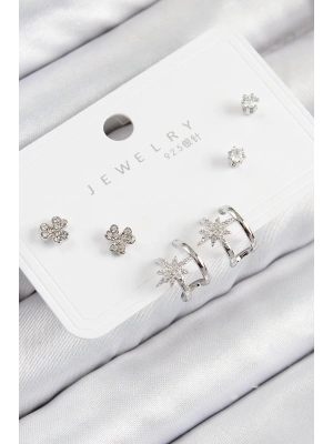 Pirinç Zirkon Taşlı Kutup Yıldızı Model Gümüş Renk 925 Ayar Gümüş Çivi Kadın Küpe Set