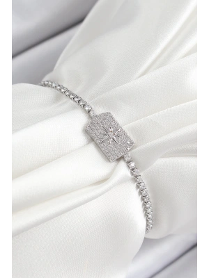 Pirinç Zirkon Taşlı Kutup Yıldızı Model Gümüş Renk Asansörlü Kadın Bileklik