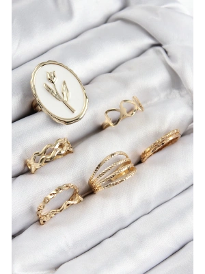 Pirinç Zirkon Taşlı Lale Model Gold Renk Kadın Yüzük Kombin Set