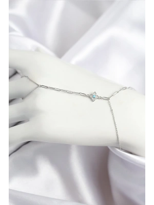 Pirinç Zirkon Taşlı Mavi Boncuklu Yonca Model Gümüş Renk Şahmeran