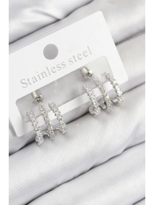 Pirinç Zirkon Taşlı Model Gümüş Renk Kadın Küpe