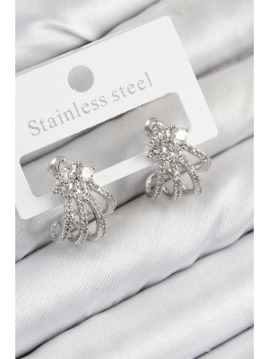 Pirinç Zirkon Taşlı Model Gümüş Renk Kadın Küpe