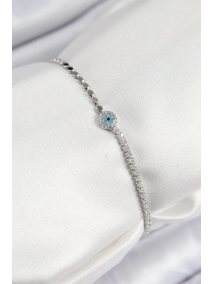 Pirinç Zirkon Taşlı Nazar Model Ezme Zincir Gümüş Renk Kadın Bileklik