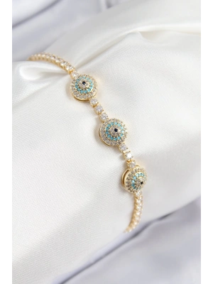 Pirinç Zirkon Taşlı Nazar Model Gold Renk Kadın Bileklik