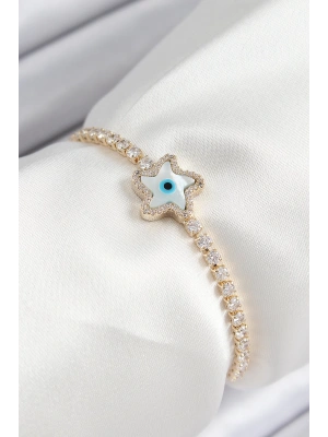 Pirinç Zirkon Taşlı Nazar Yıldız Model Gold Renk Asansörlü Kadın Bileklik