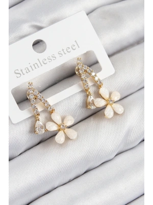 Pirinç Zirkon Taşlı Papatya Model Gold Renk Kadın Küpe