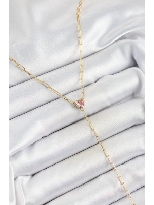 Pirinç Zirkon Taşlı Pembe Kalp Figürlü Y Model Gold Renk Kadın Kolye