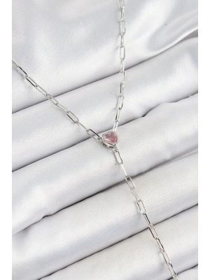 Pirinç Zirkon Taşlı Pembe Kalp Figürlü Y Model Gümüş Renk Kadın Kolye