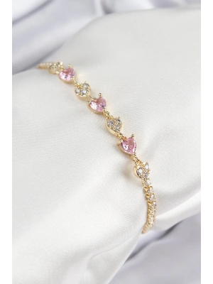Pirinç Zirkon Taşlı Pembe Kalp Model Gold Renk Kadın Bileklik