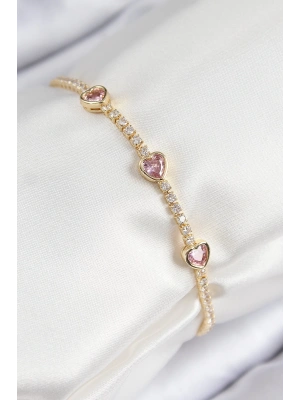 Pirinç Zirkon Taşlı Pembe Kalp Model Gold Renk Kadın Bileklik