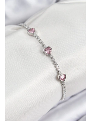 Pirinç Zirkon Taşlı Pembe Kalp Model Gümüş Renk Kadın Bileklik
