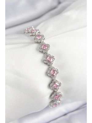Pirinç Zirkon Taşlı Pembe Yonca Baget Model Gümüş Renk VIP Seri Kadın Bileklik