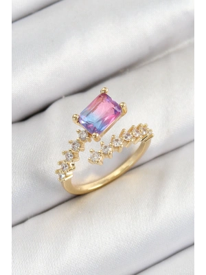 Pirinç Zirkon Taşlı Renkli Model Gold Renk Kadın Yüzük