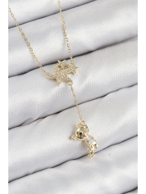 Pirinç Zirkon Taşlı Sallantılı Ayıcıklı Yıldız Model Gold Renk Kadın Kolye
