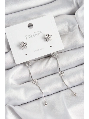 Pirinç Zirkon Taşlı Sallantılı Çiçek Model Gümüş Renk 925 Ayar Gümüş Çivi Kadın Küpe