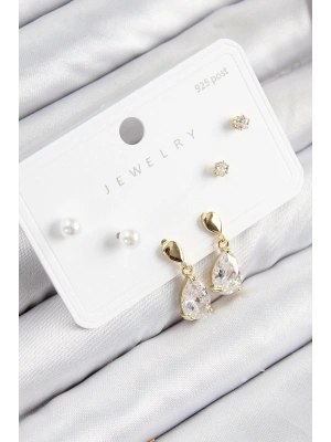 Pirinç Zirkon Taşlı Sallantılı Damla Model Gold Renk 925 Ayar Gümüş Çivi Kadın Küpe Set