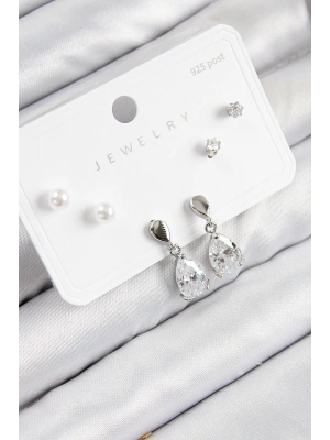 Pirinç Zirkon Taşlı Sallantılı Damla Model Gümüş Renk 925 Ayar Gümüş Çivi Kadın Küpe Set