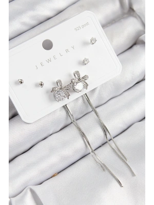 Pirinç Zirkon Taşlı Sallantılı Fiyonk Model Gümüş Renk 925 Ayar Gümüş Çivi Kadın Küpe Set