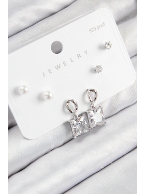 Pirinç Zirkon Taşlı Sallantılı Kare Model Gümüş Renk 925 Ayar Gümüş Çivi Kadın Küpe Set