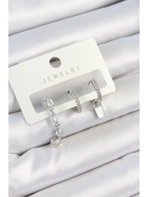 Pirinç Zirkon Taşlı Sallantılı Model Gümüş Renk 3lü Çift Kadın Küpe Set