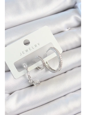 Pirinç Zirkon Taşlı Sallantılı Model Gümüş Renk 3lü Çift Kadın Küpe Set