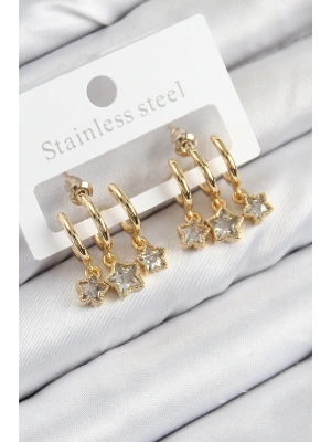 Pirinç Zirkon Taşlı Sallantılı Yıldız Model Gold Renk Kadın Küpe