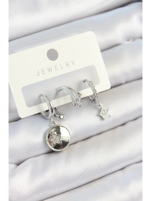 Pirinç Zirkon Taşlı Sallantılı Yıldız Model Gümüş Renk 3lü Çift Kadın Küpe Set